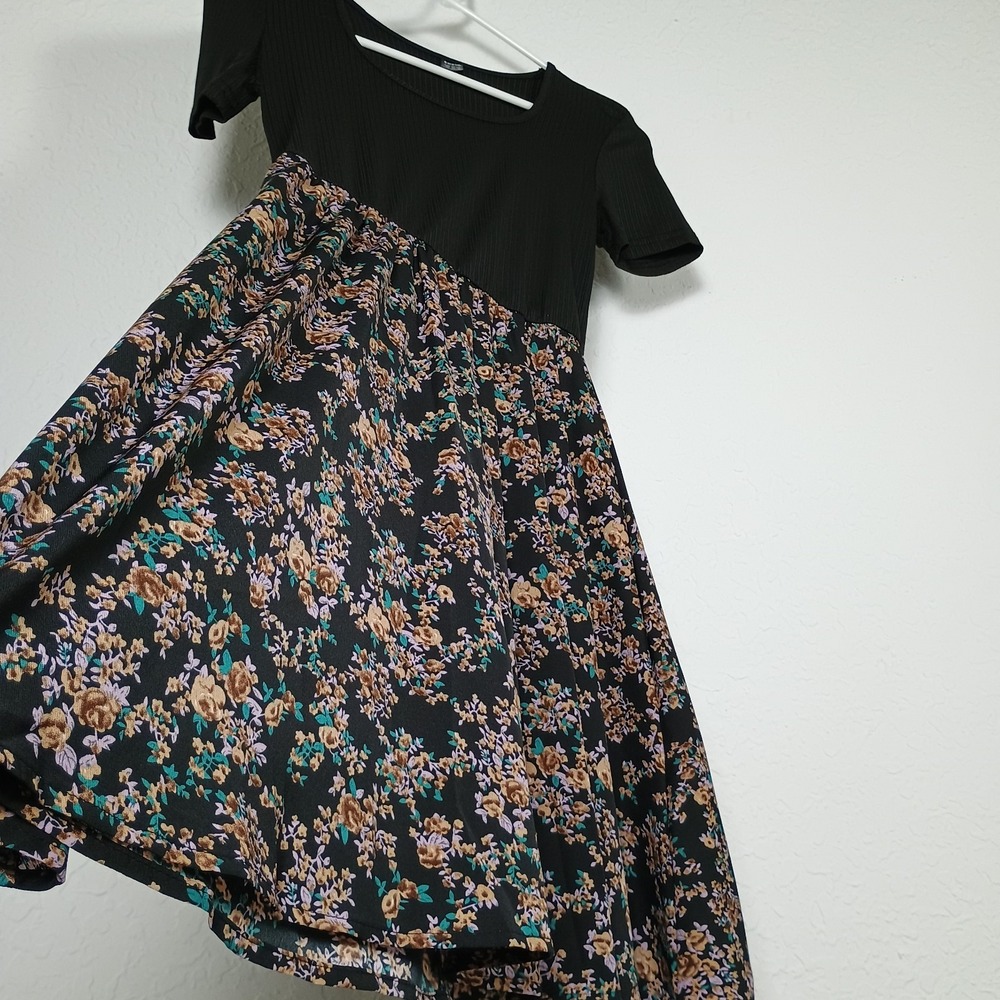 SHEIN Black Floral Print A-Line Scoop Neck‎ Short Sleeve Midi Dress Women's Size